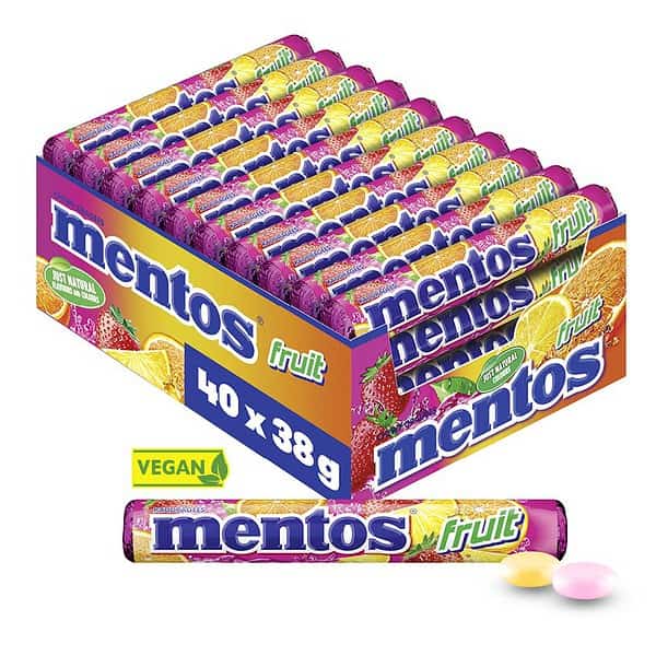 Mentos Fruit Kaubonbons, Dragees mit Frucht-Geschmack 40 Rollen x 38g 1,52kg